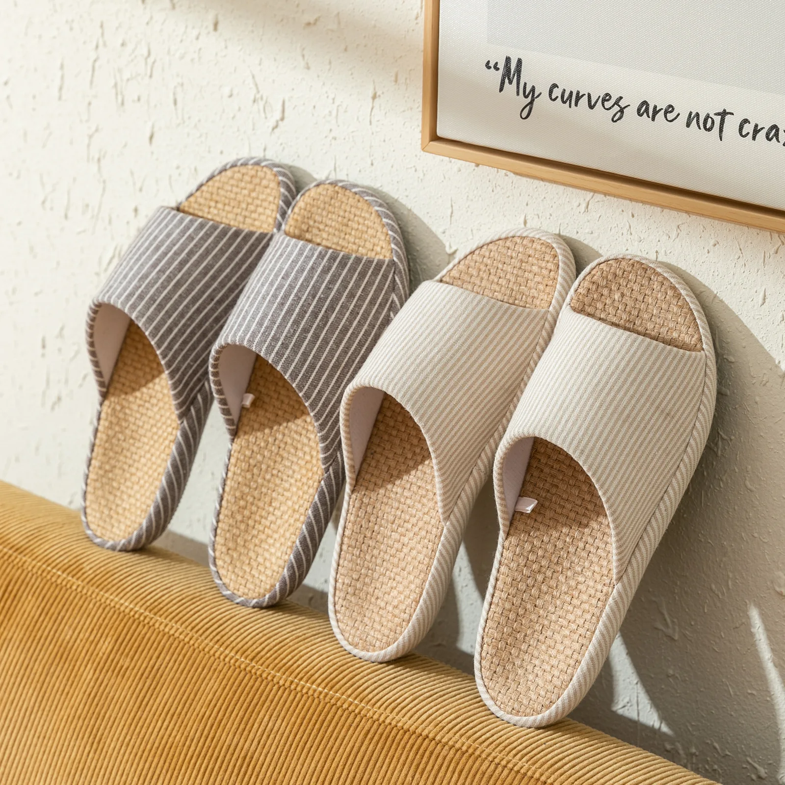 

Jing Shi Lu | Japanese spring and summer couple linen slippers household mute thick-soled open-toed breathable floor home