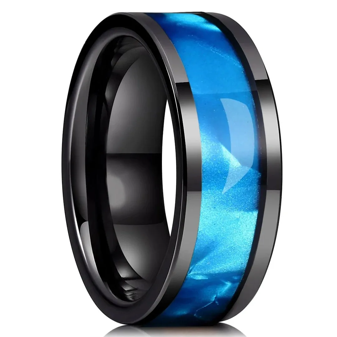 Anillos de acero inoxidable negros de 8mm a la moda para hombre, concha de abulón azul pulido alto para hombre, joyería para fiesta y boda, regalos de aniversario