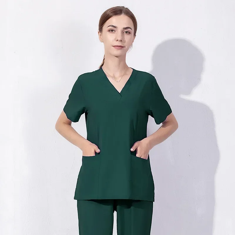 Medical V-Neck Workwear Short Sleeve Shirt Cofias Clinicas Scrub Tops Women Soild Stretchy Nurse Uniform Professionals