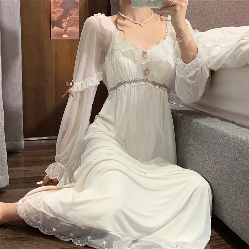 Sleepwear Retro French Court Style Nightdress Sexy Perspective Long Sleeve Home Dress Women Sweet White Lace Princess Nightgown