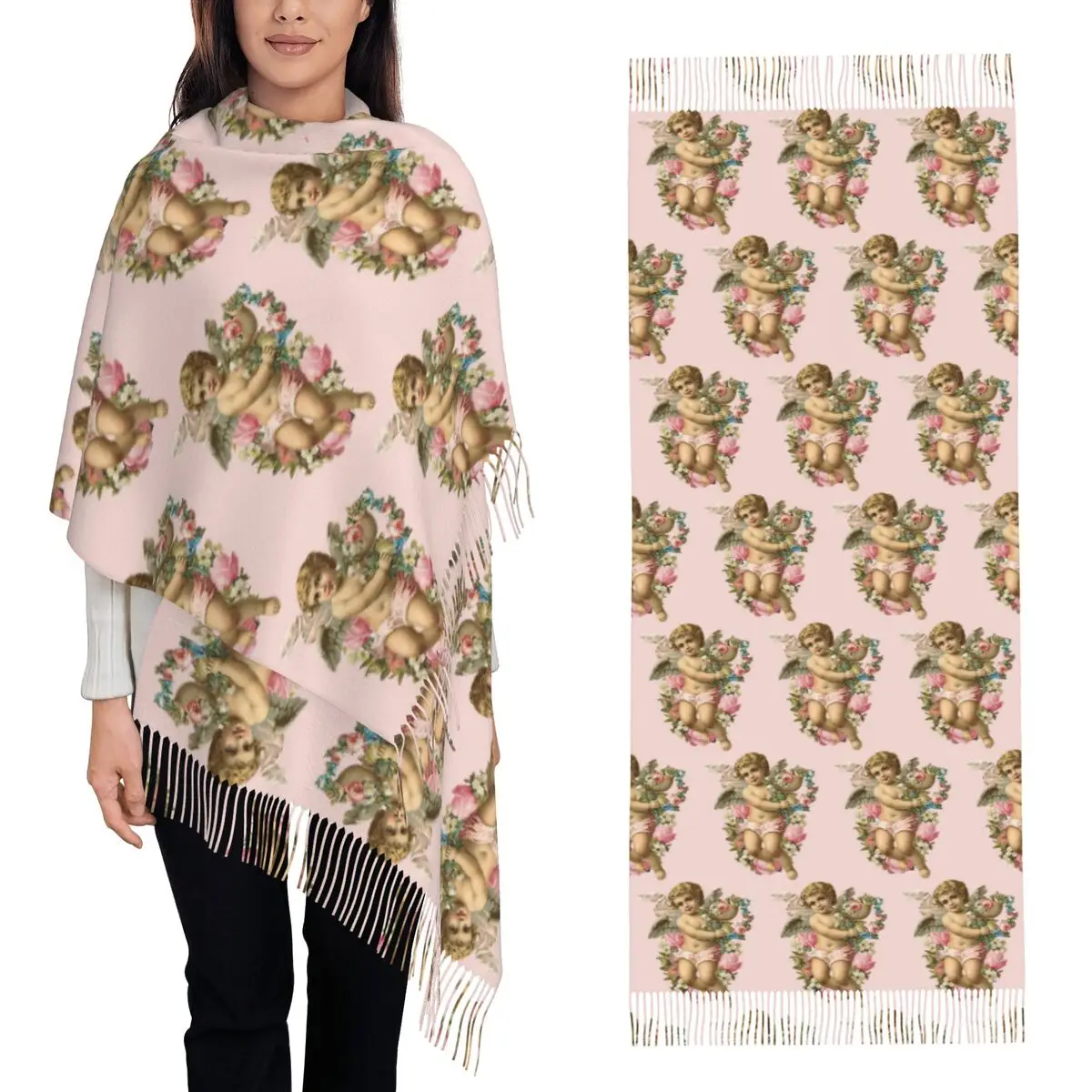 Renaissance Angels Winged Cherubs Scarf Tassel Scarves for Women Soft Warm Shawls and Wraps Large Fall Winter Shawl Wrap