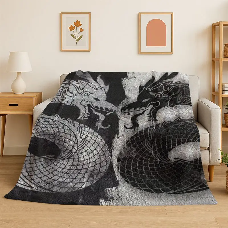 Dragon China Loong Cartoon Flannel Blanket Soft Throw Blanket for Bedroom Living Room Bed Travel Camping Picnic Nap Cover Gift