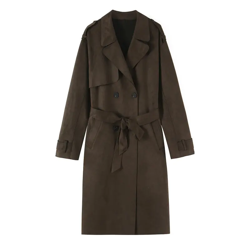 Loose Women's Fashion Windbreaker Coat with Belt 2026 Autumn New Arrival Elegant Long Style Double Button Medium Length