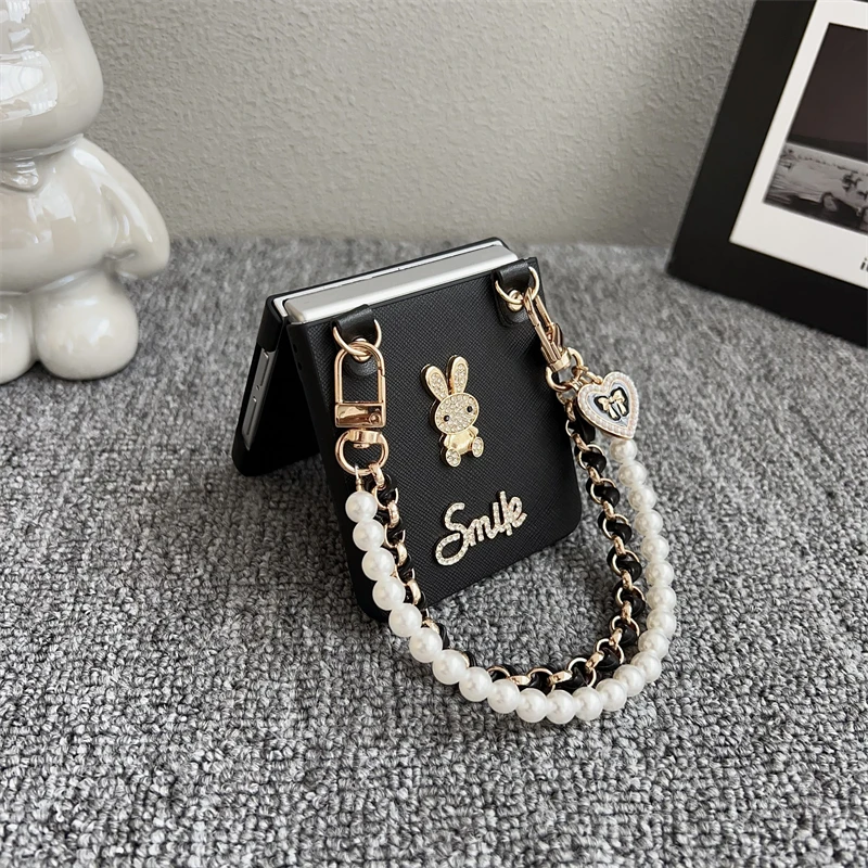 الفاخرة ديامود أرنب التمساح بو الجلود القضية لسامسونج غالاكسي Z Flip7 FE 6 5 4 3 اللؤلؤ سلاسل الحبل حزام غطاء مقاوم للصدمات