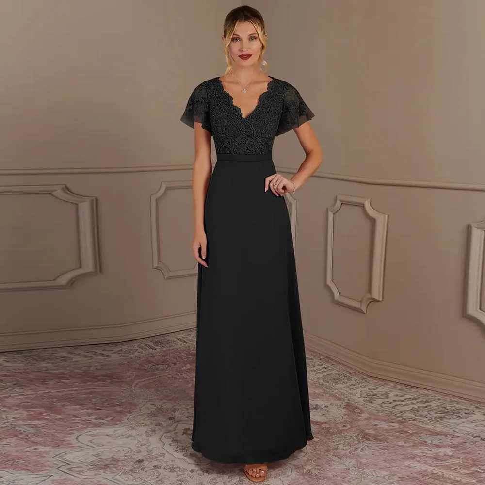 Black Mermaid Floor Length Mother Of The Bride Dresses for Weddings Chiffon Short Sleeve V Neck Applique Wedding Party Dress