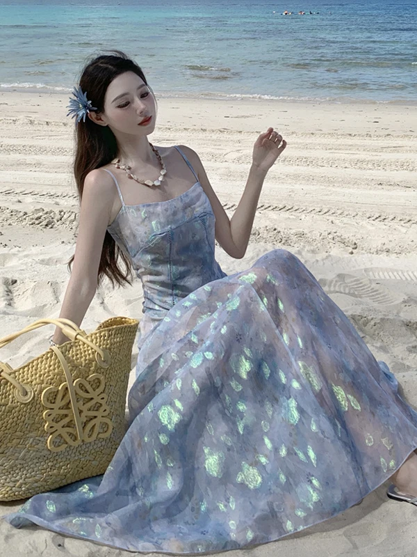 Beachy Island Sle ter Ne Floral Print Maxi Dr Women's Holiday Waist Cinched Gown Summer Soft Fabric A-Line Skirt