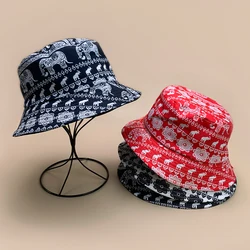 Ethnic Style Print Elephant Flower Bucket Hats New Unisex Casual Sunshade Versatile Double Sided Wearable Retro Fisherman Caps