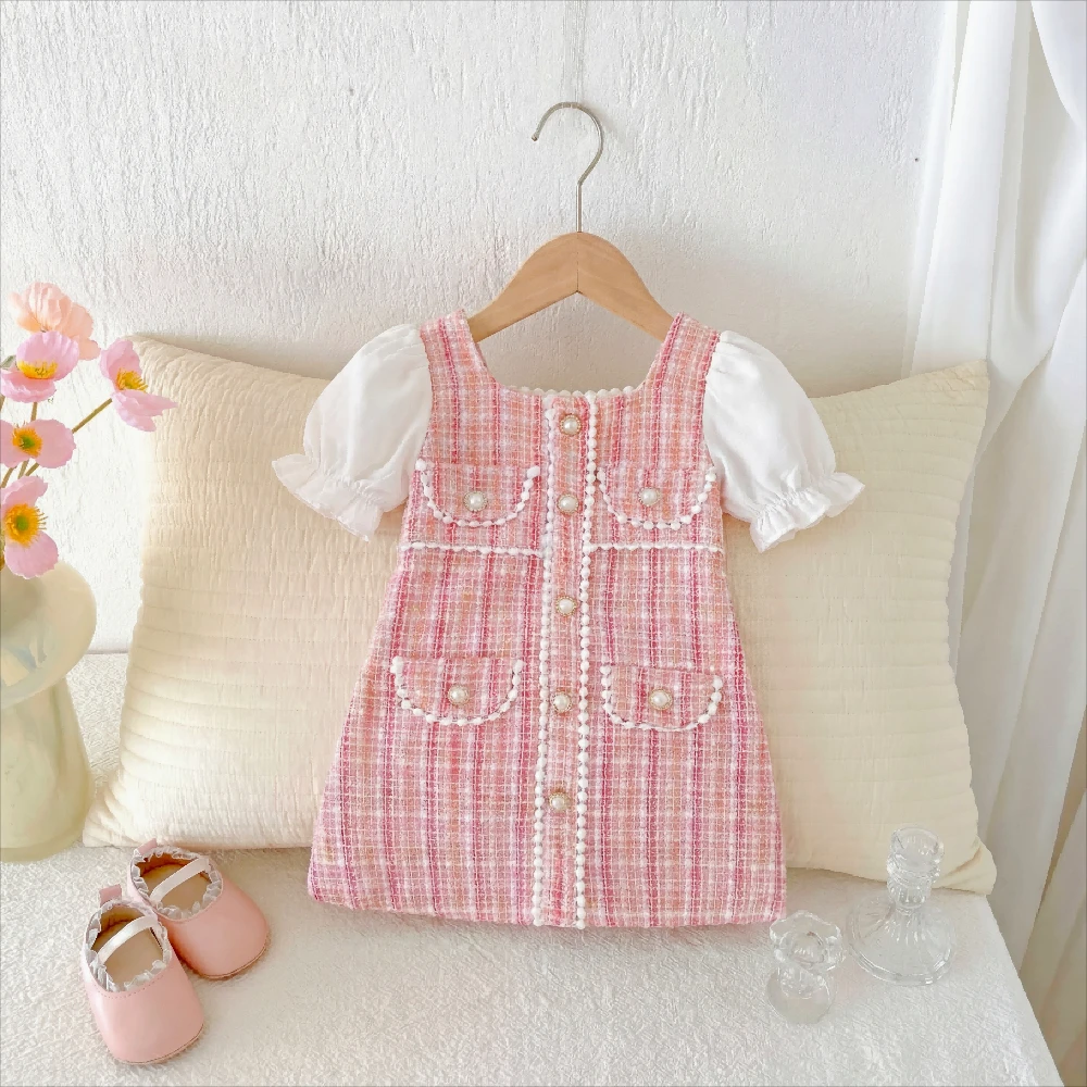 Summer New Small Fragrant Style Delicate Pink Bubble Sleeve Pearl Button Dress for Girls' Birthday Party Clothes