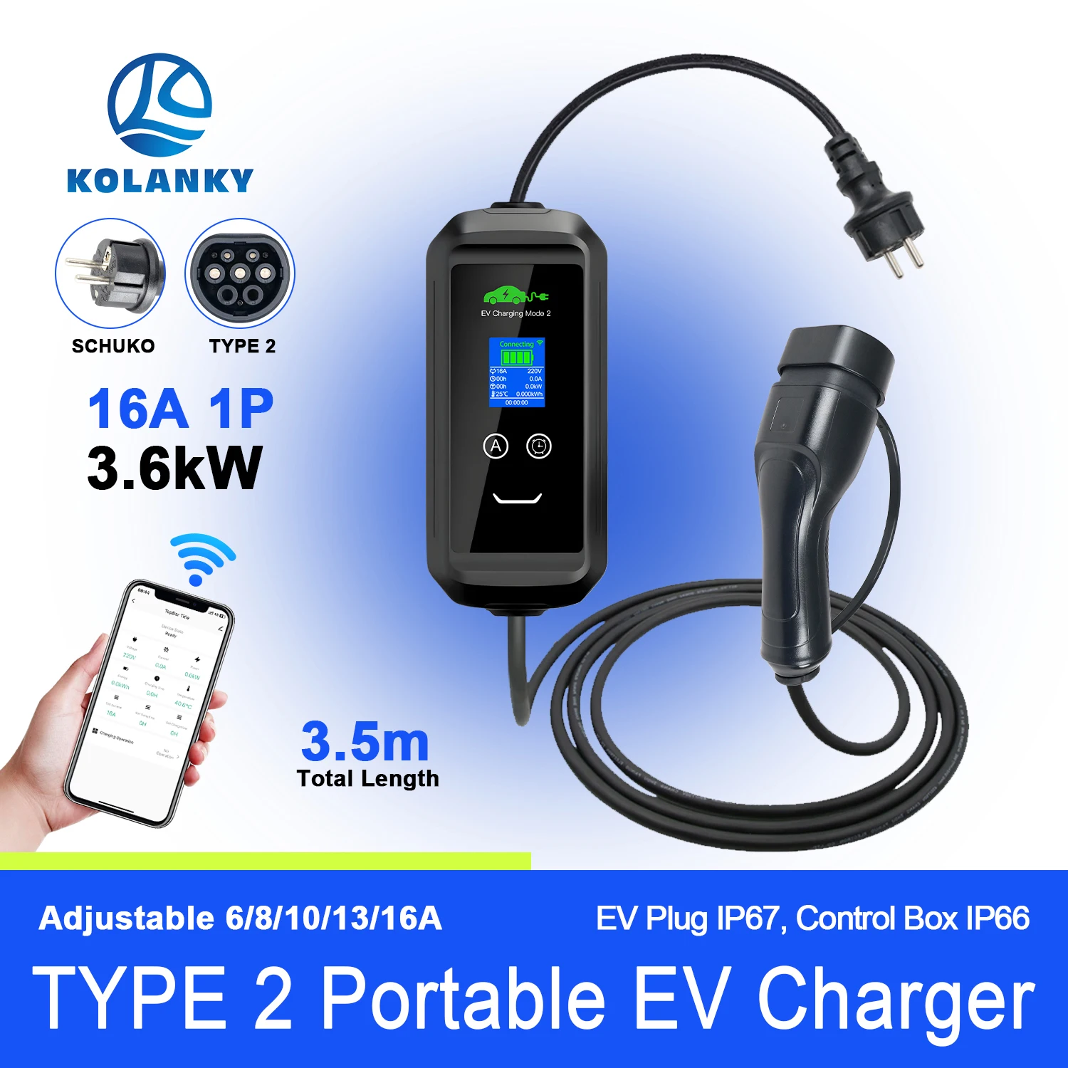 

Зарядное устройство Kolanky для электромобилей, 16А, 3.6кВт, Тип 2, с управлением через приложение Tuya, регулировка тока, для электромобилей Тип 2, домашняя зарядка, общая длина кабеля 3.5м