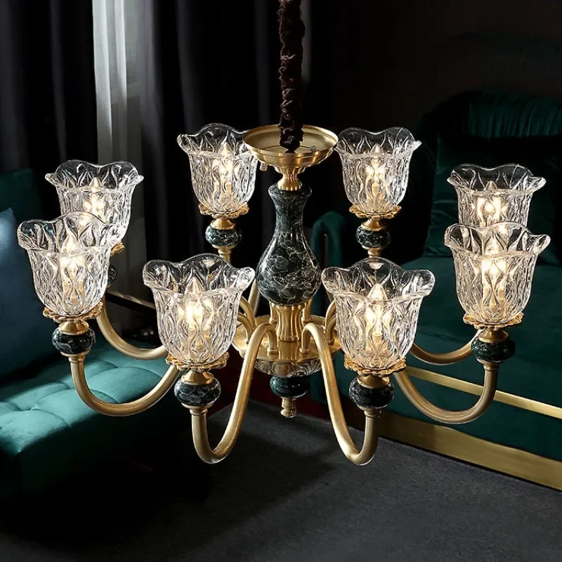 SANDYHA Nordic Retro LED Chandelier Copper Glass Pendant Light Ceramic Hanging Lamp For Bedroom Living Room Lobby Home Decor