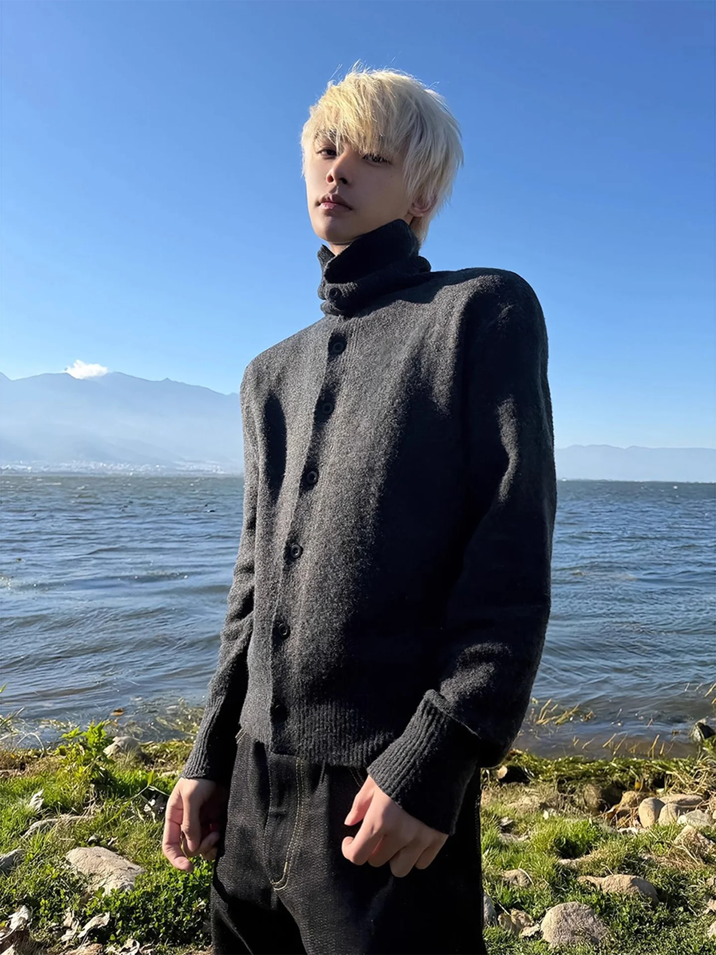 

Мужской свободный вязаный кардиган в стиле ретро с высоким воротником, теплая верхняя одежда для многослойных образов