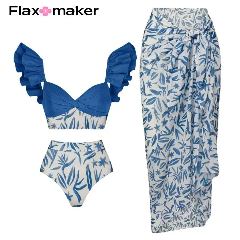 FLAXMAKER One Shoulder One Piece and Sarong Ruffle Printed Bikini Swimsuit and Sarong Clearance Wholesale