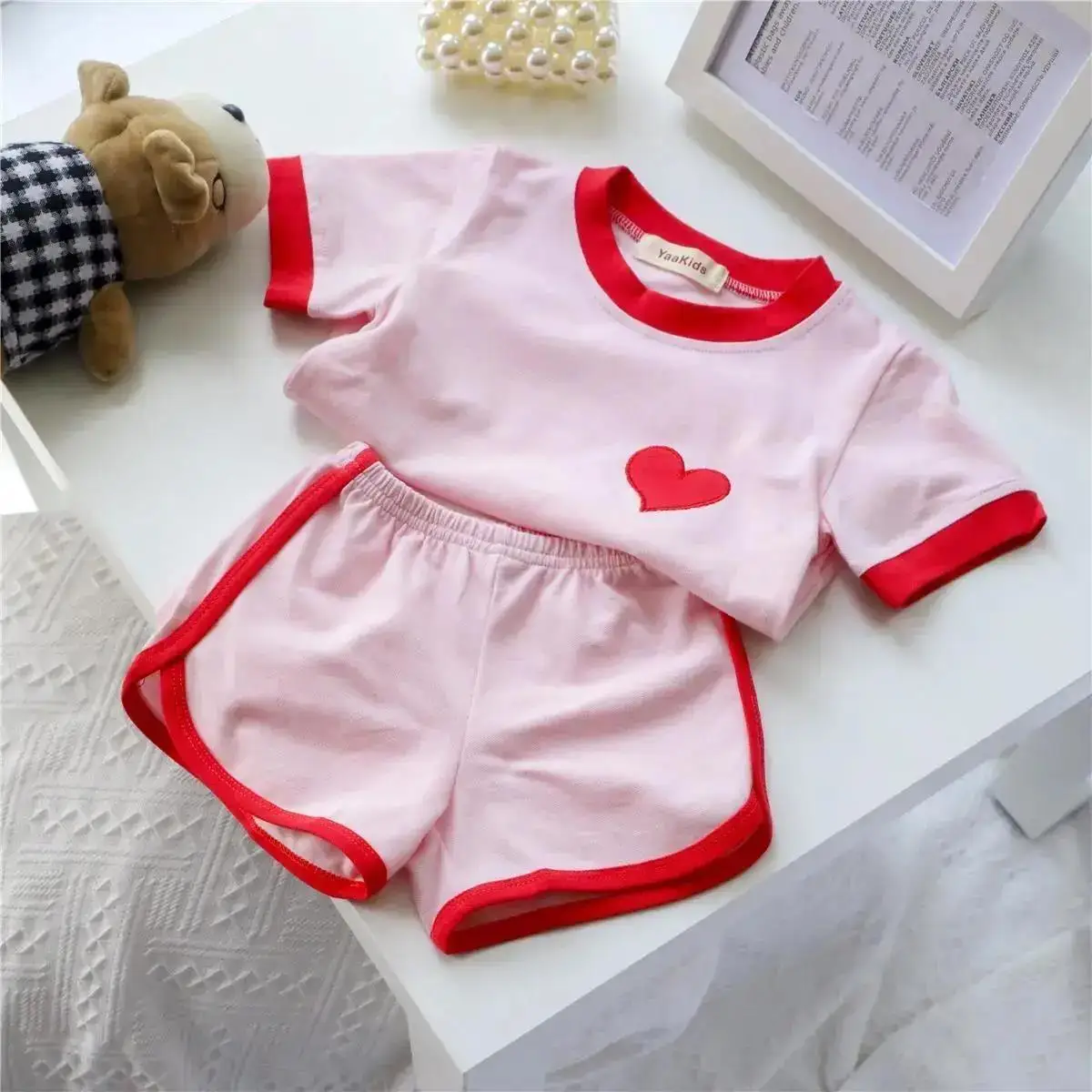 Back To School Outfits Pink Cute heart pattern Sets 2026 summer children's clothing for 2-9 Y baby girls short sleeved top+Short