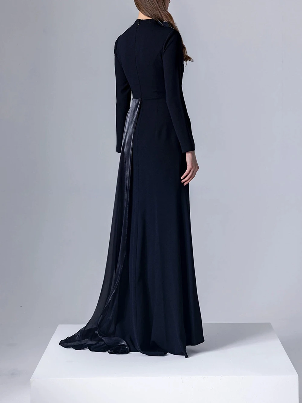 فستان ريترو مع شريط من الساتان الأزرق الداكن شرابة مطعمة الماس تنورة طويلة 2025 فستان نسائي شتاء جديد #3