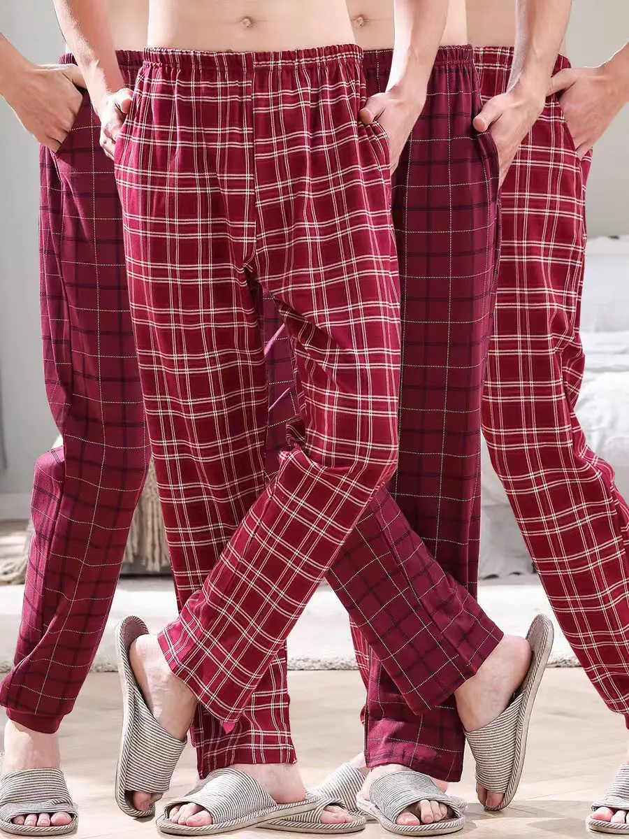 

Мужские летние пижамные штаны, большие размеры, стильные длинные брюки, тонкие домашние брюки, весна и осень, свободный крой, большой размер, одинарные клетчатые брюки