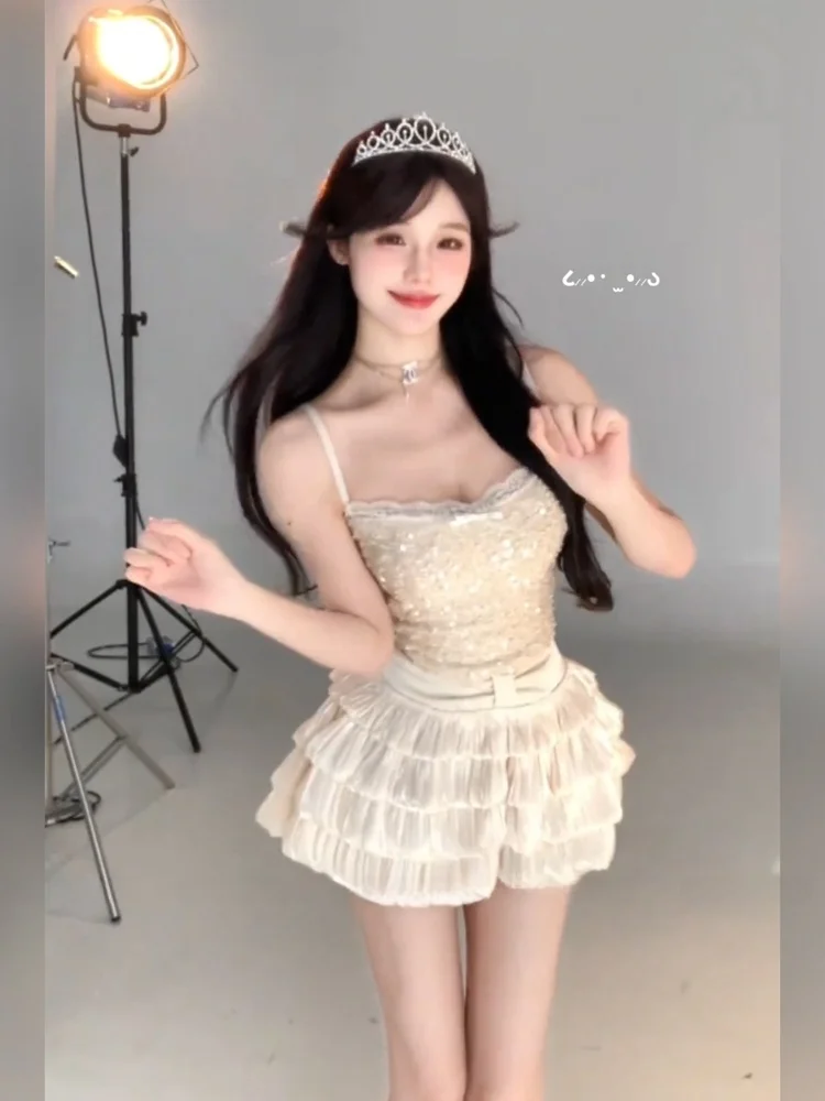 

XZY Ele Sweet And Spicy Slimming Sequin Bridesmaid Set High Waist Puffy Cake Skirt Women's Summer Casual High Waist Flare...