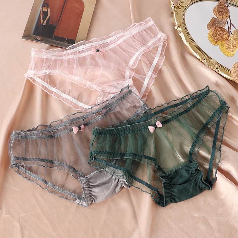 ملابس داخلية مثيرة رفيعة من الدانتيل للنساء ، تجفيف سريع ، سراويل داخلية شفافة ، منظور خصر منخفض ، ملخصات قطنية بين الفخذين ، ملابس داخلية
