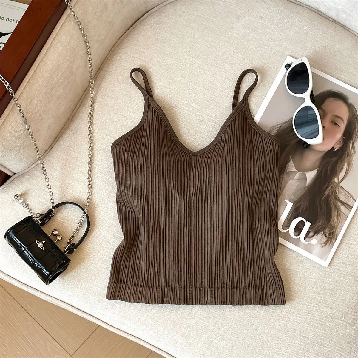 Débardeur tricoté d'été sans manches col en V blanc pour femme, T-shirt basique décontracté noir, débardeur sexy dos nu à épaules dénudées, crop top