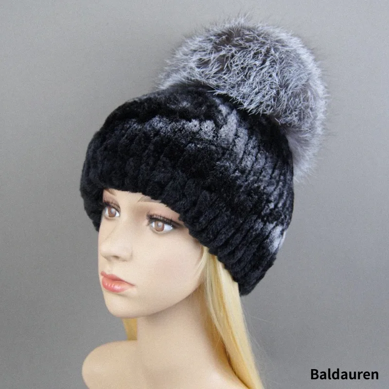 Winter Lady Natural Rex Rabbit Fur Hat Women Warm Soft Genuine Rex Rabbit Fur Cap + Silver Fox Fur Ball Knitted Real Fur Caps