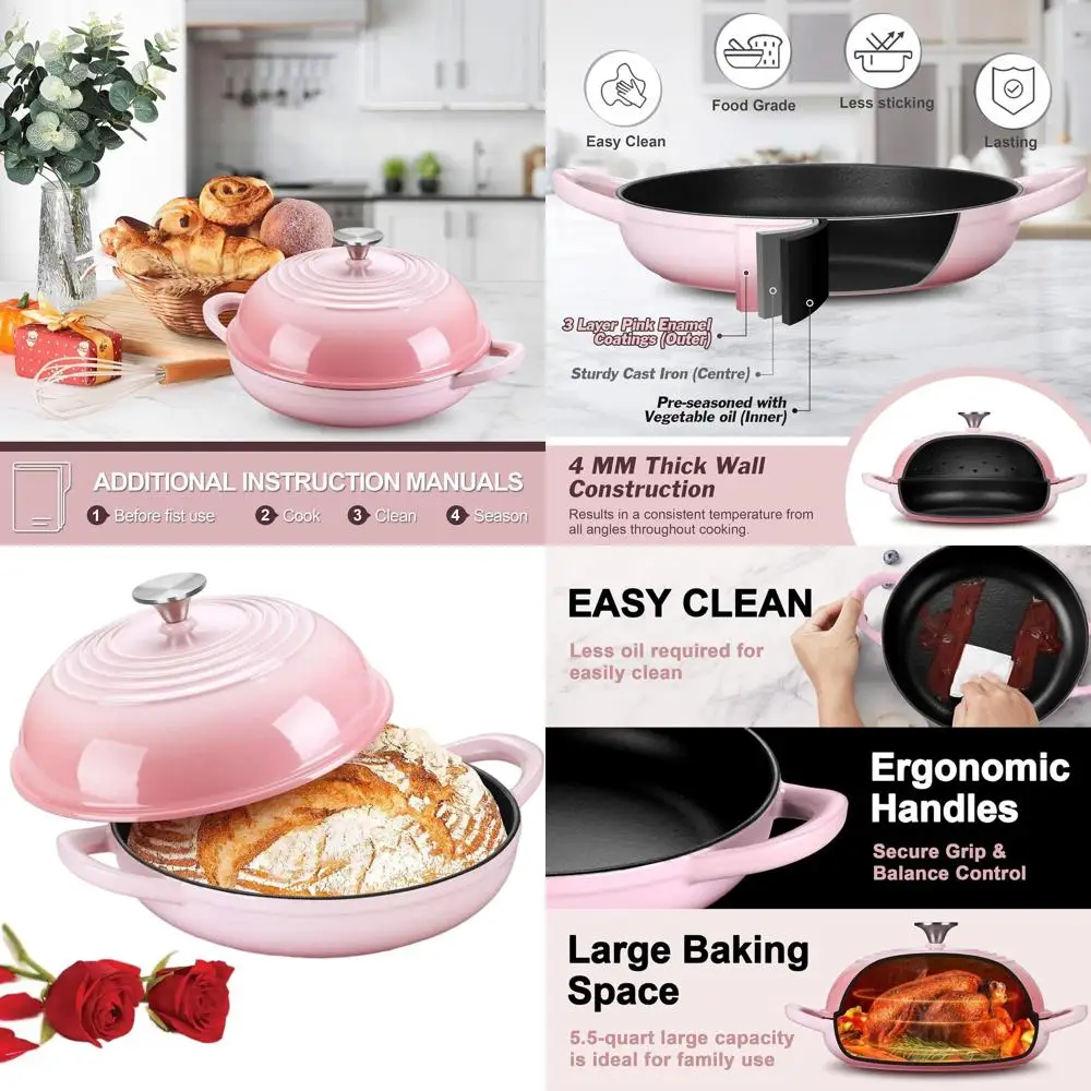 

5.5 Quart Enamel Cast Iron Dutch Oven Pot with Lid, Perfect for Sourdough Bread, Easy Clean & Even Heat, Pink