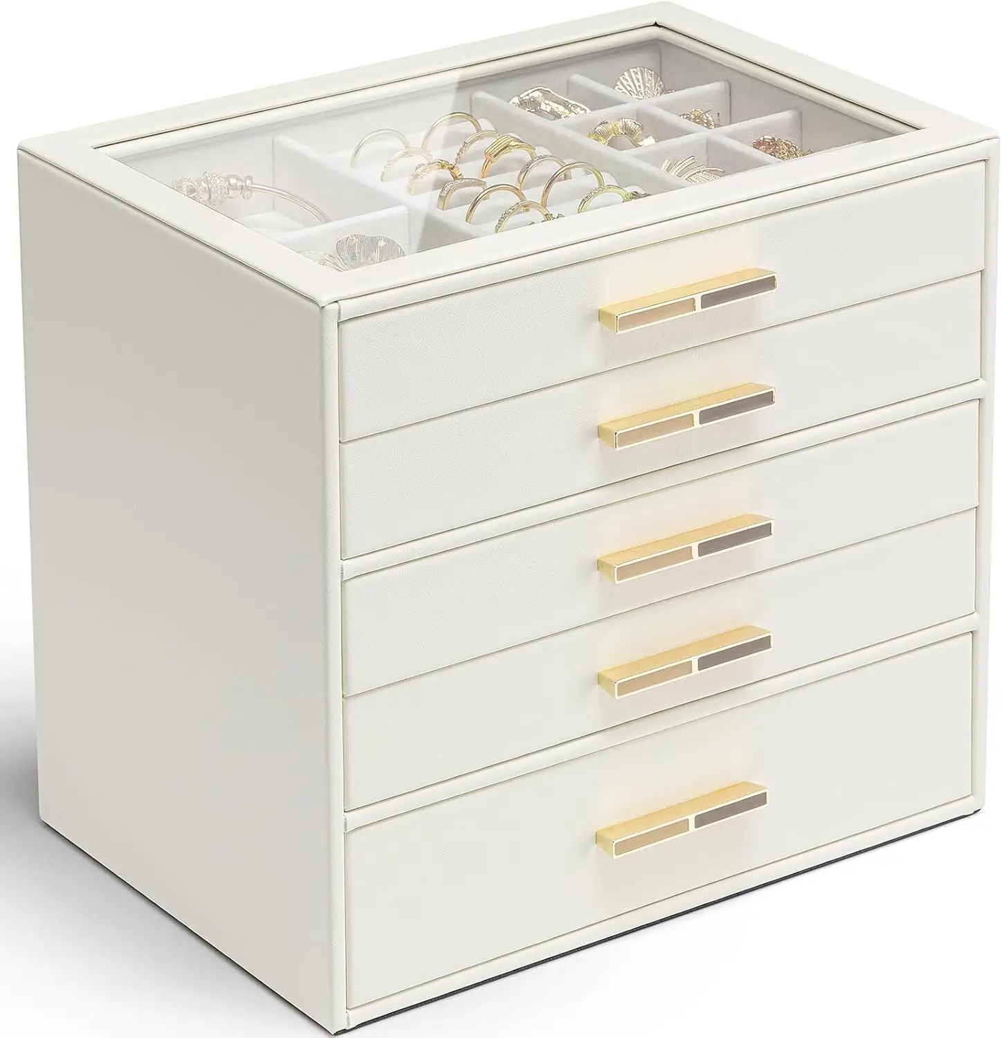 

5 Layer Glass Lid Jewelry Organizer with Drawers for Necklaces Rings Earrings Bracelets - Cloud White