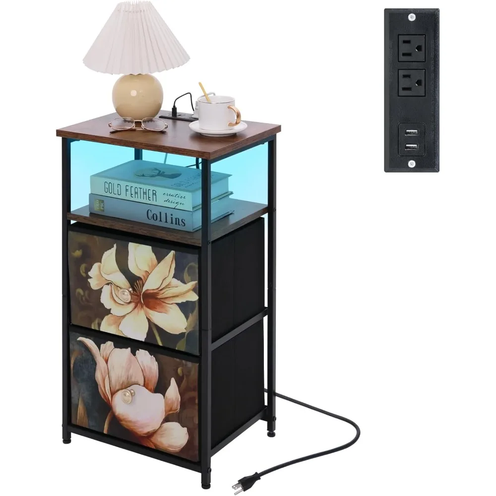 

Тумбочка с зарядной станцией, светодиодная прикроватная тумбочка с USB-портами и розетками, торцевой столик с 2 тканевыми ящиками и открытой полкой, черный