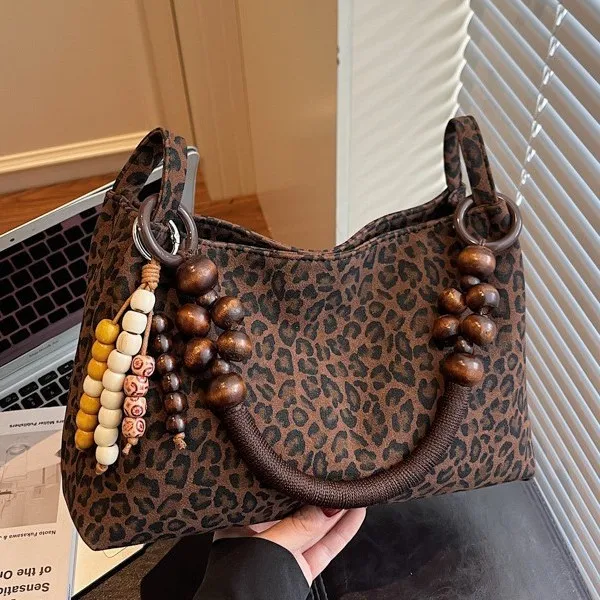 

2025 Fall Winter Suede Leopard Tote Bag, Vintage Underarm Purse for Women, Textured Shoulder Bag, Chic Day-to-Night Bag