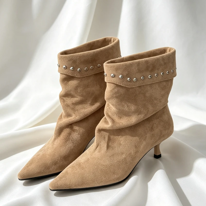 Fashion Faux Suede Rivet Detail Stiletto Mid Boots Women Sexy Pointed Toe Design Modern Boots Winter Warm Boots for Ladies 2026