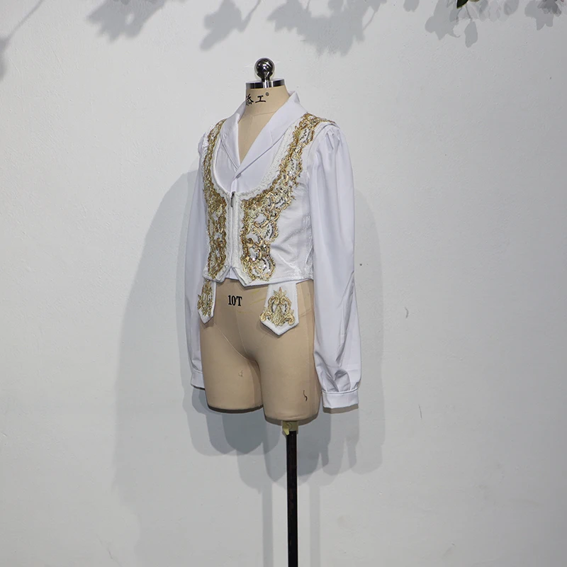 Custom White Men’s Ballet Dance Top With Gold Trim, Prince Style Short Vest, Ethnic Performance Costume