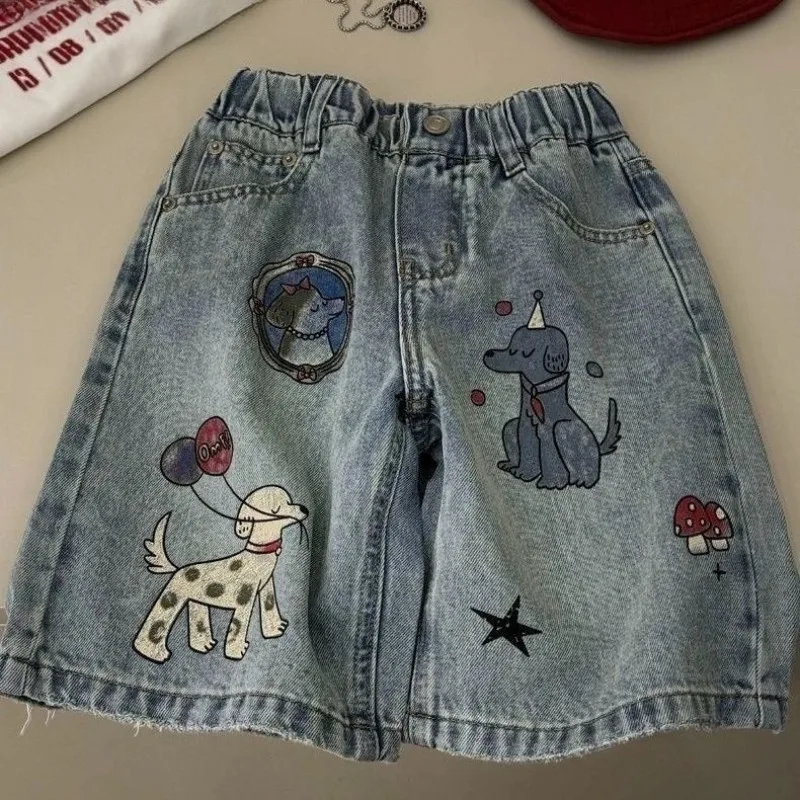 Boys Summer Denim Shorts 2-7T Cute Cartoon Dogs Printed Knee-length Pants Kids Clothes Baby Girls Elastic Waist Straight Shorts