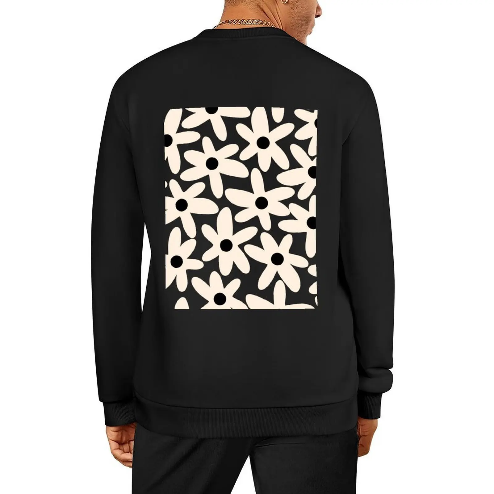 

Daisy Time Black and Almond Cream Retro Scandinavian Floral Pattern Pullover mens clothing hoody