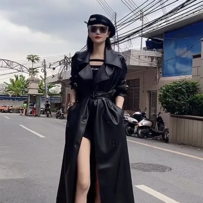 

High Street Fashion Lapel Imitation Water Medium and Long Trench Coat, Thin Lace-up Coat, Women's New Autumn and Winter Coat