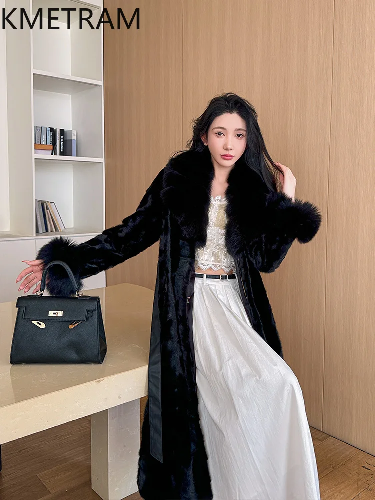معاطف فرو المنك 100% من KMETRAM معطف نسائي فاخر أسود طويل من فرو المنك الحقيقي مع ياقة من فرو الثعلب 2025 ملابس شتويةшуба vrouwska