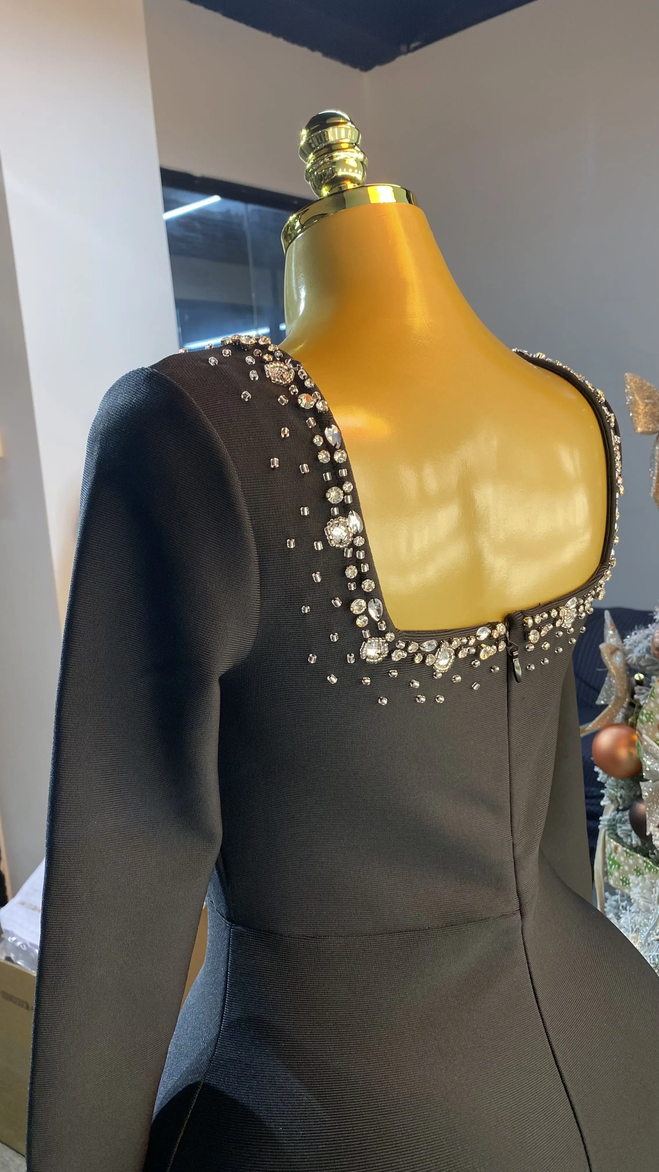 Vestido de fiesta de manga larga de cristal de alta calidad, elegante vestido de noche ajustado para mujer-GZXX343