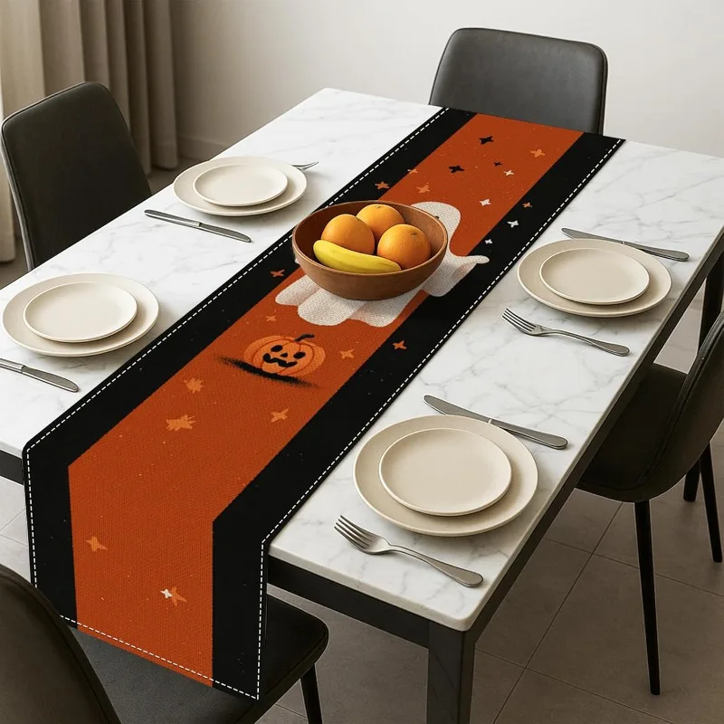 

1Pc Halloween Themed Table Flag with Pumpkin, Bat and Full Moon, Suitable for Party, Restaurant, Home, Market, Holiday Layout Scene.
