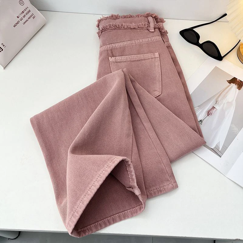 Women's Wide Leg Jeans Autumn Winter Pink High Waisted Floor Length Pants 2024 New Ladies Retro Streetwear Straight Trousers