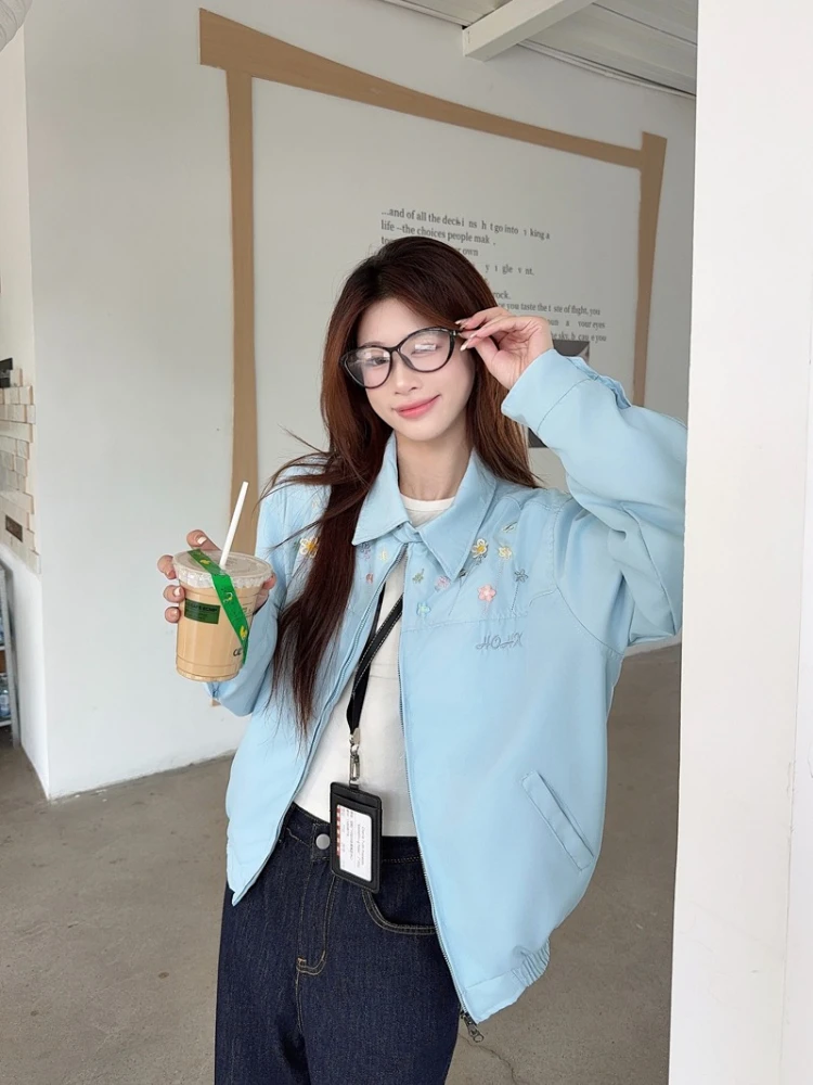 Korean Vintage Floral Embroidery Short Jacket Women Autumn Casual Retro Style Loose Fit Turn Down Collar Fashionable Outerwear