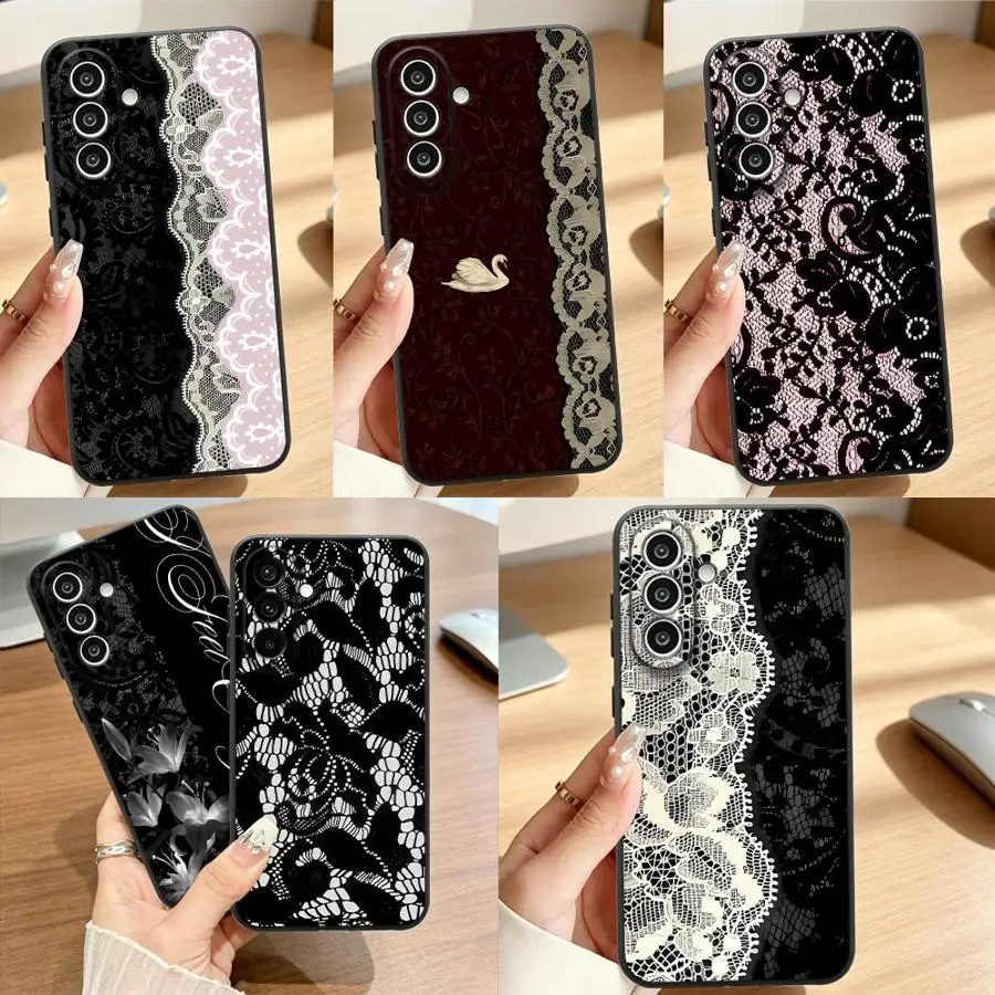 Retro Pink Black Lace Phone Cover Case for Samsung Galaxy A18 A57 A50 A37 A73 A51 A55 A53 A17 A15 A05 A06 A25 A16 A52 A36 A70