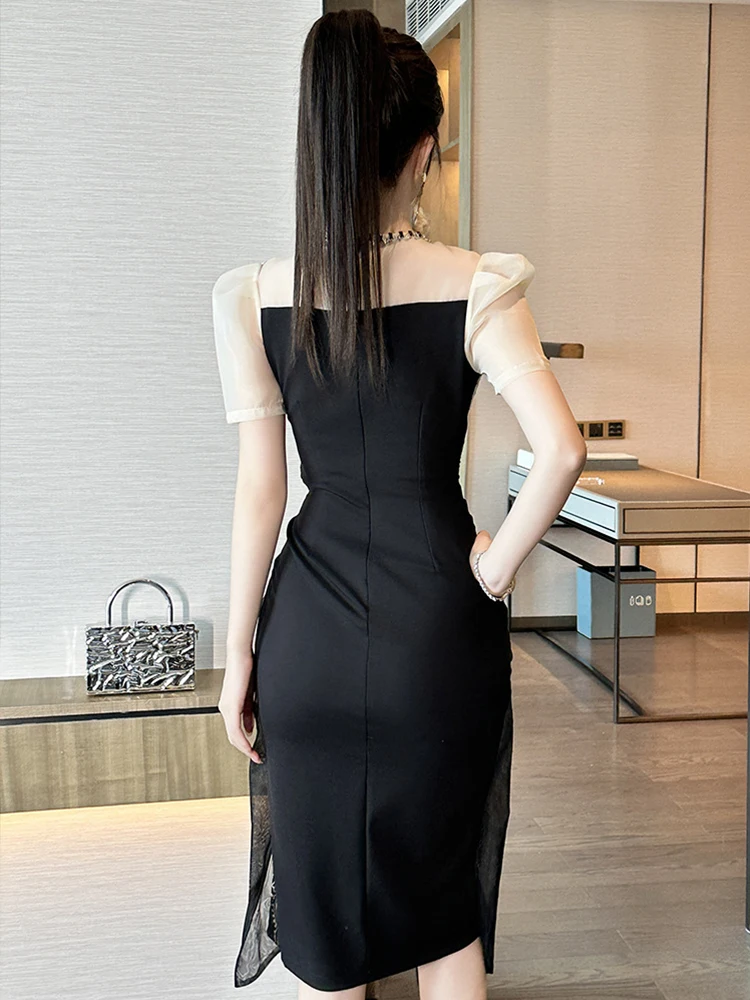 Vestido de fiesta francés de lujo para mujer, elegante, Sexy, con diamantes, malla transparente, encaje bordado, empalme, abertura larga, Vestidos de banquete