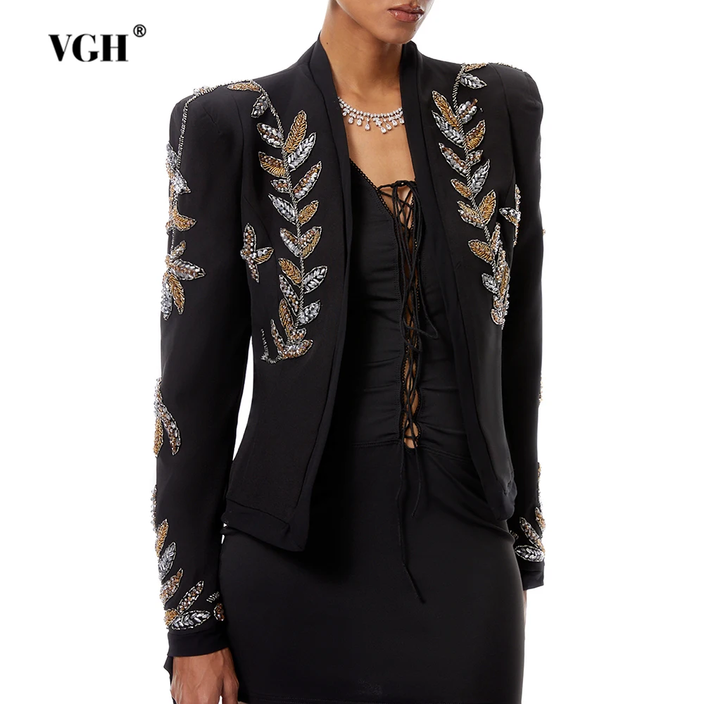 

VGH Solid Casual Slimming Party Jackets For Women V Neck Long Sleeve Spliced Diamonds Spring Design Sense Jacket Female Style
