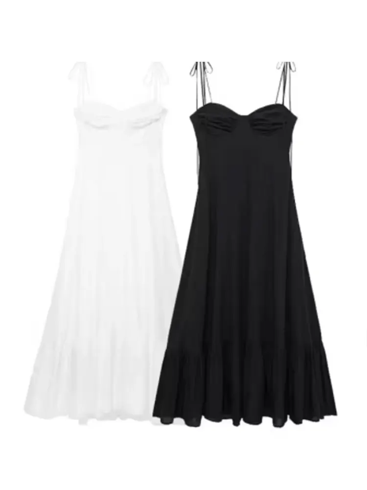 

2024 Summer New Woman Dress Spaghetti Strap Sleeveless Backless Lace-Up Zipper Pleats Sweet Beach Style Female Long Dresses