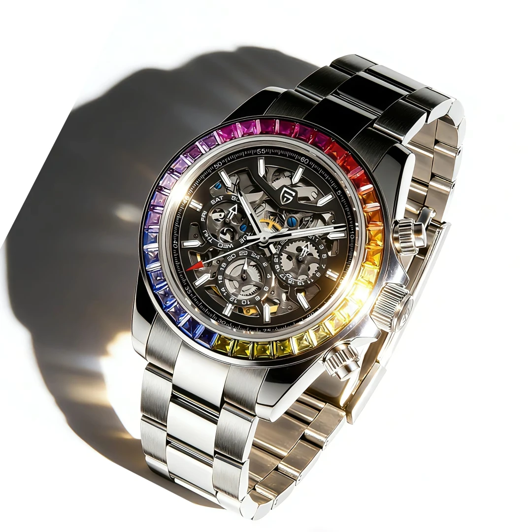 

Мужские автоматические механические часы PAGANI DESIGN с цветным безелем из драгоценных камней, маленьким тахиметром с тремя стрелками и скелетонизированным хронографом