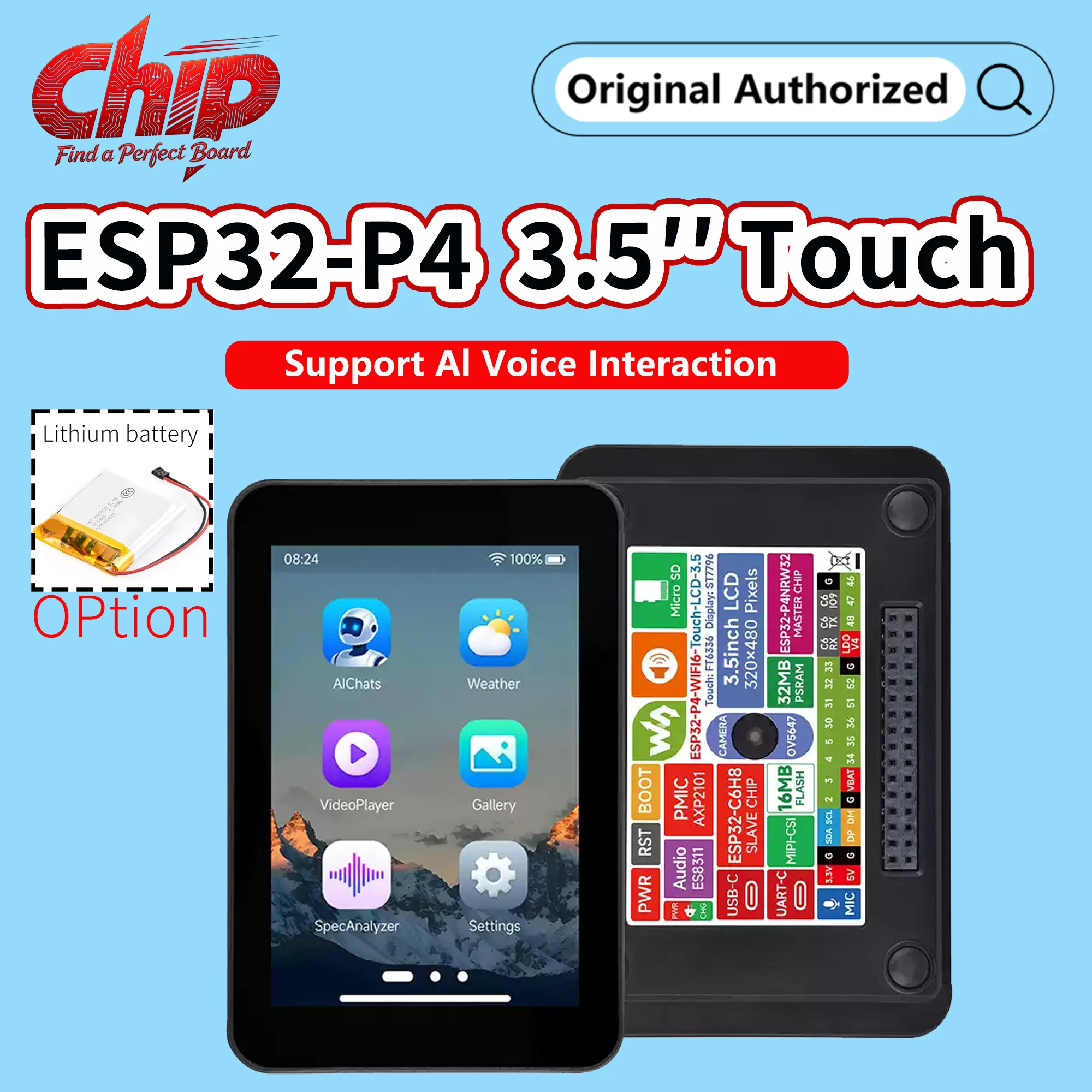 ESP32-P4 3.5inch Smart Voice Vision Development Board Wifi 320*480 Screen SPI OV5647 Camera, WiFi6/BLE5 Xiaozhi AI