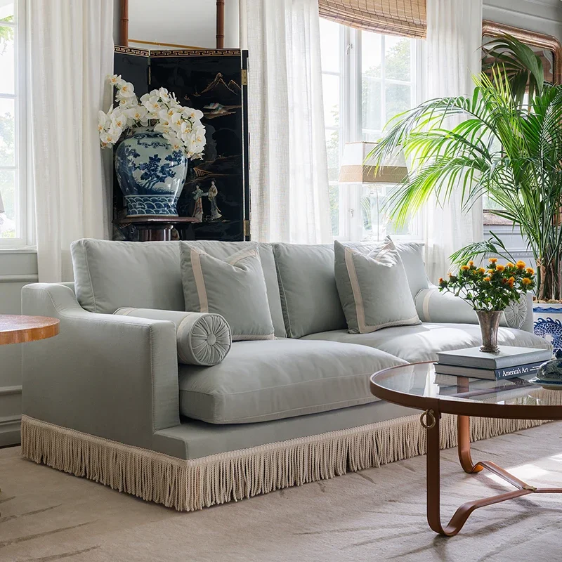 antique solid wood sofa villa living room three-person sofa retro small apartment fringed leisure sofa