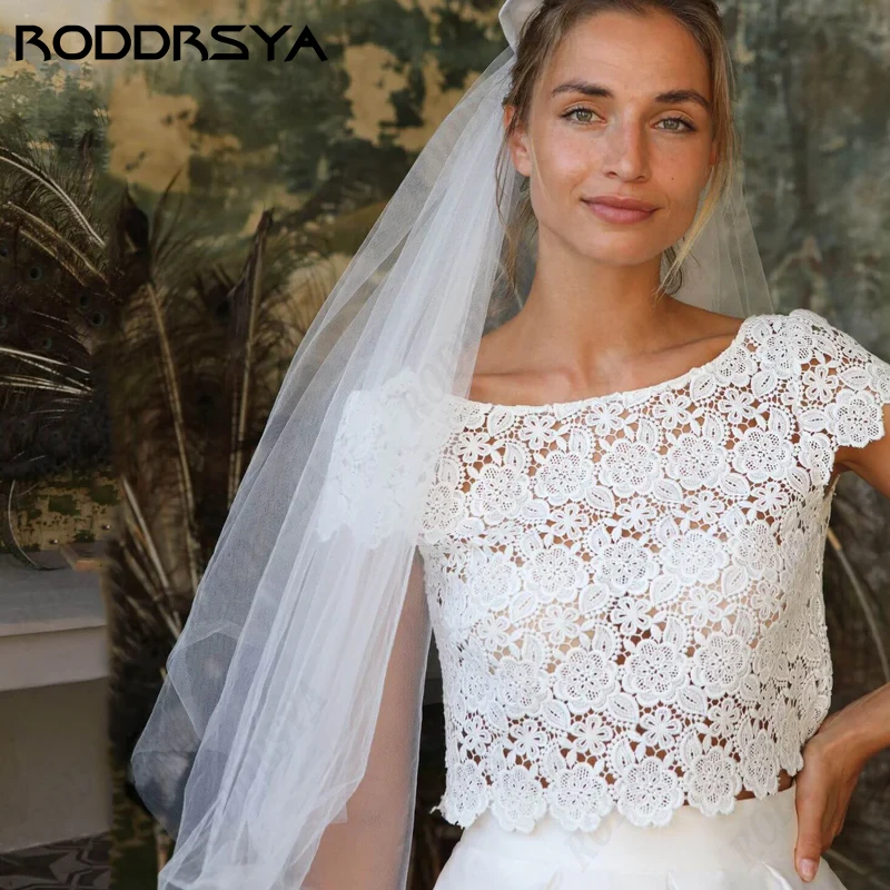 RODDRSYA-Vestido De novia De dos piezas con manga De casquillo para mujer, Vestido De novia con flores, bolsillo Insertable, fiesta nupcial, Retro, cuello redondo Vestido De novia De dos piezas con manga De casquillo p