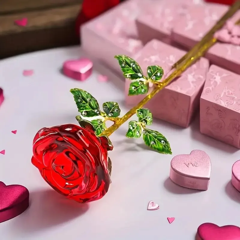 Artificial Flowers Crystal Glass Rose Flower Branch Artificial Red Roses Valentine's Day Favors X'mas Lovers' Gift  for Wedding