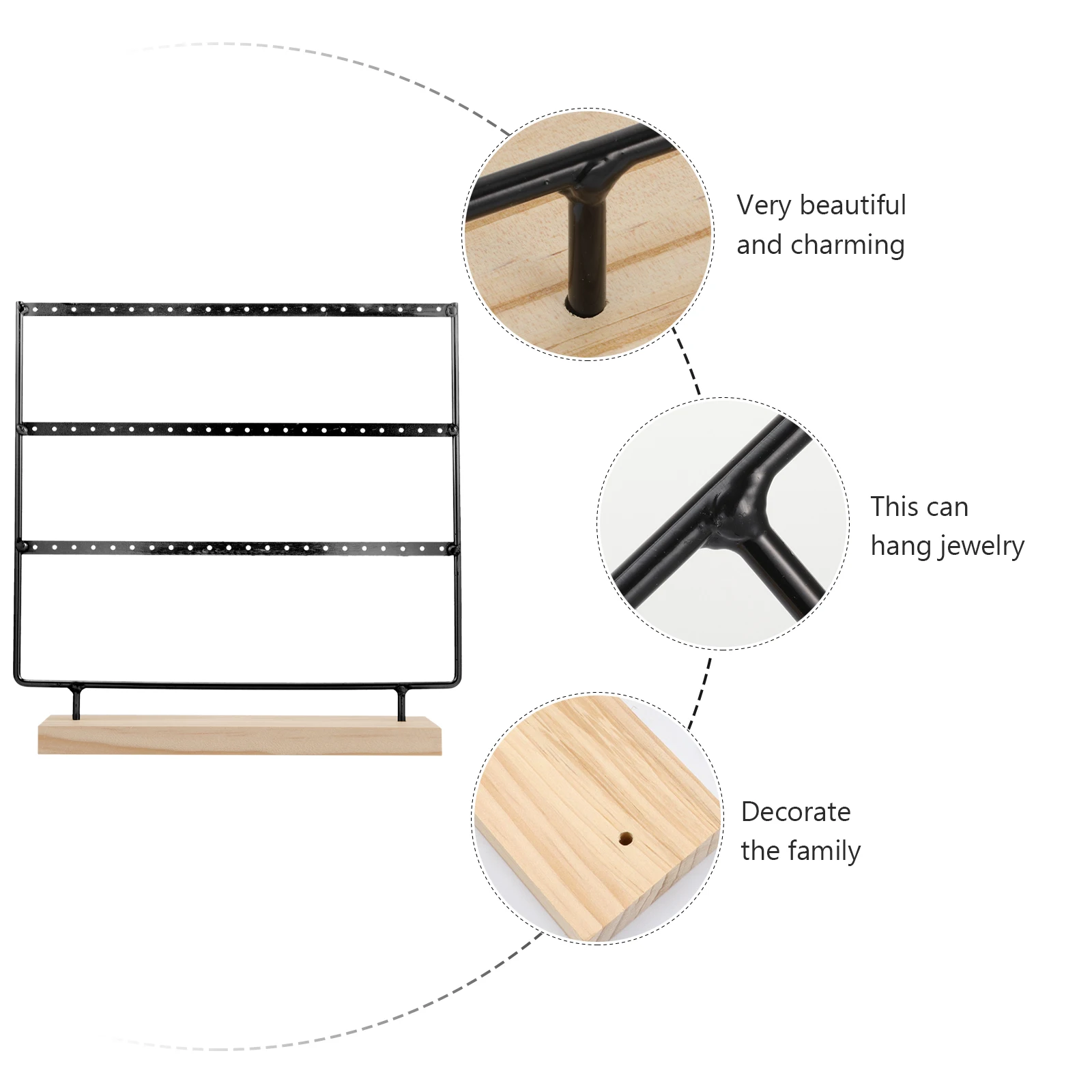 

Earring Necklace Display Stand Jewelry Holder Wood Iron Material 3 Layers Storage Rack for Shop Organize Accessories