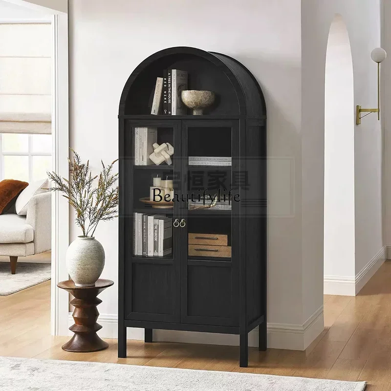 

56 French retro solid wood bookcase American arched glass living room display locker