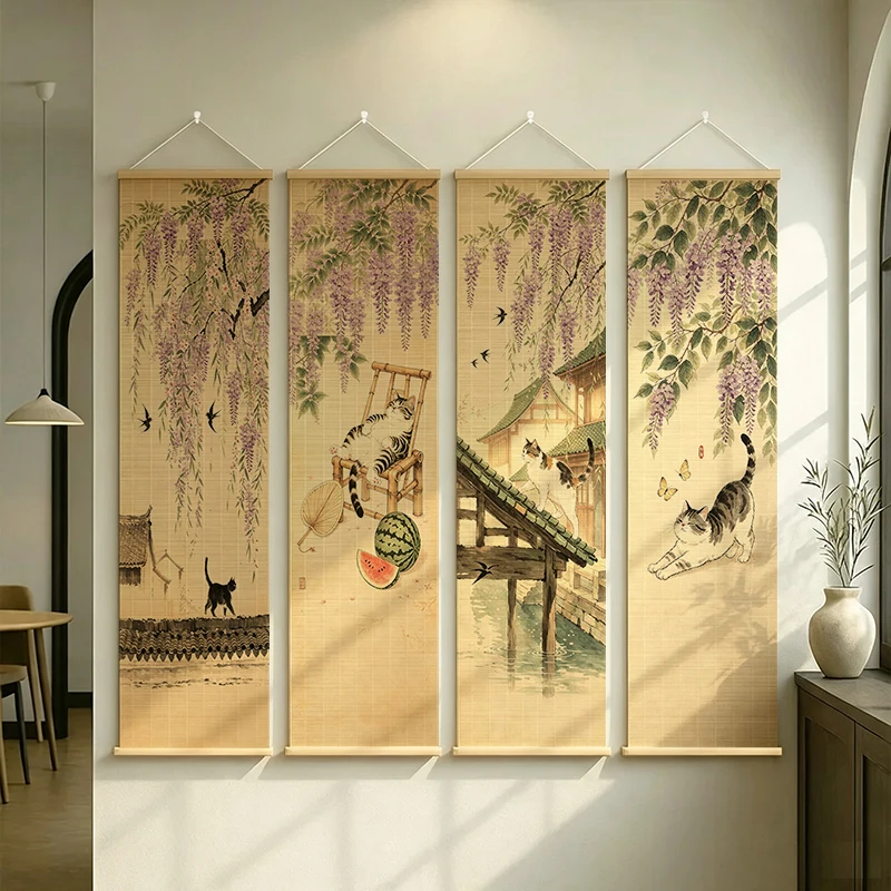 Wall Art Wisteria Cat Bamboo Scroll Painting Japandi Zen Minimalism for Tatami Room Tea Ceremony Classroom Slow Living healing