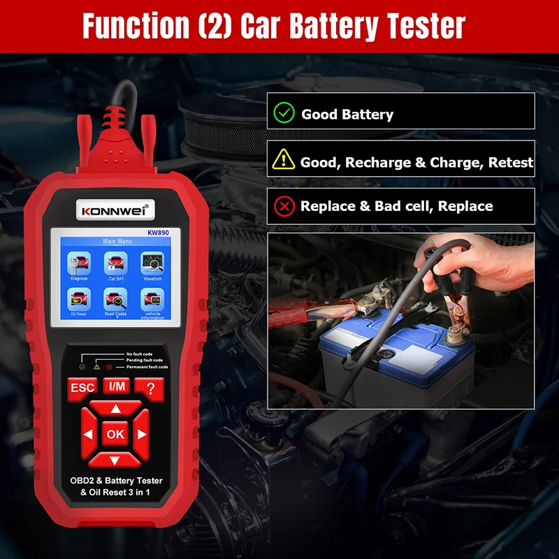 KONNWEI KW870 KW880 KW890 12V Car Battery Tester Analizer Auto Diagnostic Tool Battery Match 3 in 1 Car OBD2 Scanner Code Reader